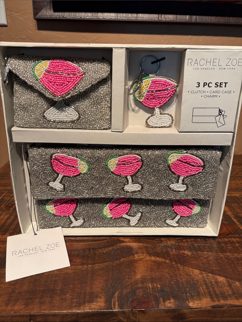 Rachel Zoe Silver Beaded Clutch Set with Pink & Green Cocktail Motifs